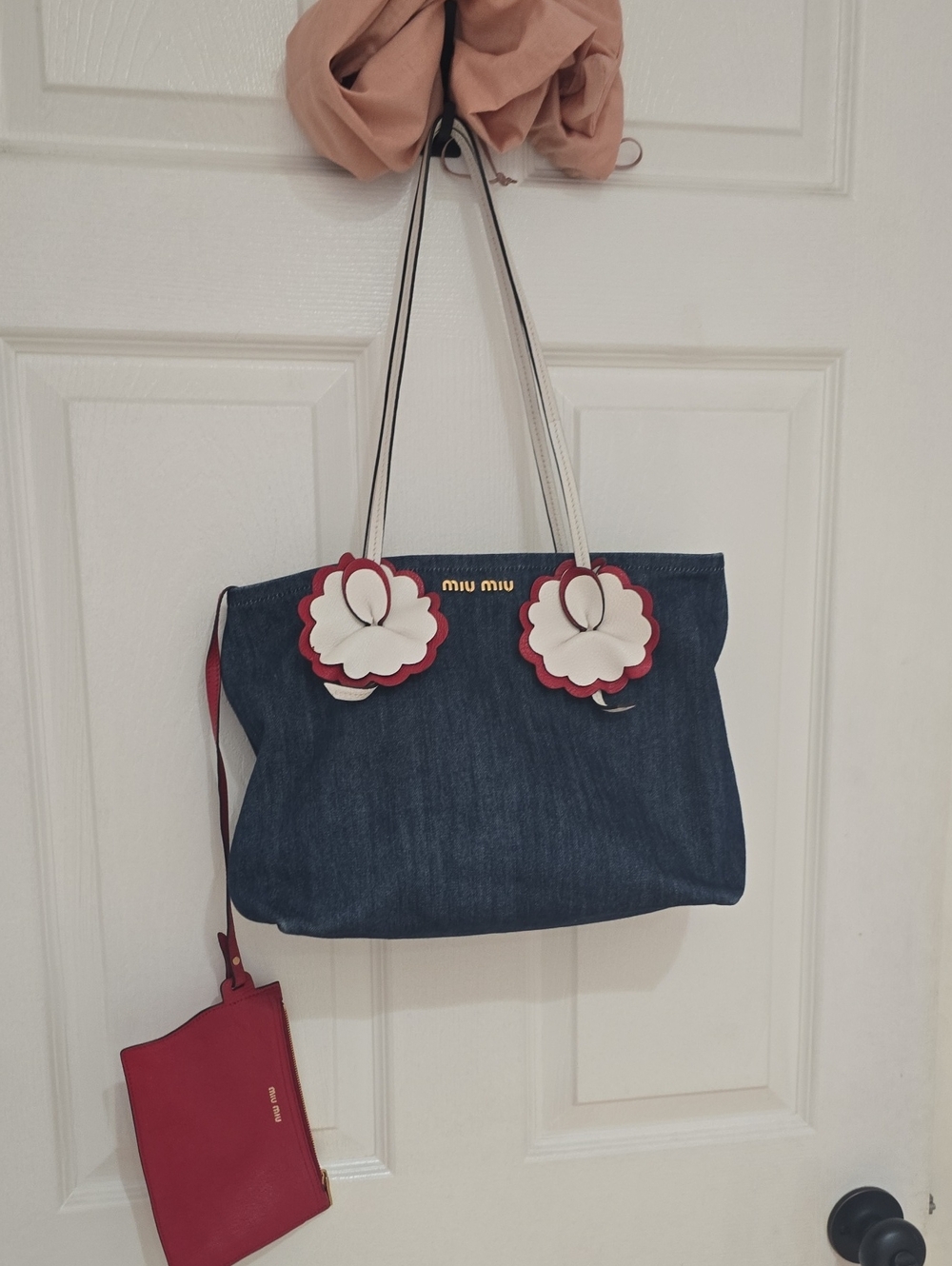 Miu Miu Denim Tote with White & Red Floral Appliqués AMAZING CONDITION